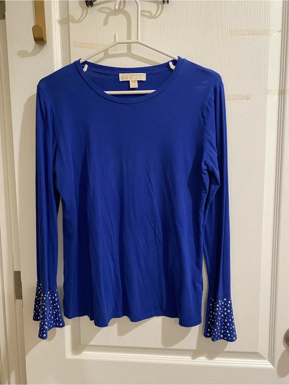Michael Kors Cobalt Blue Long Sleeve Top with Embellished Fluted Cuffs